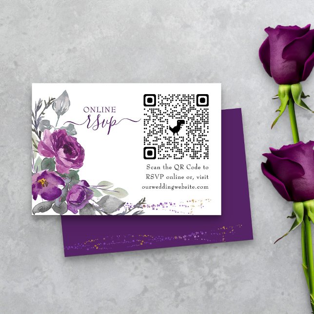 Lila Bröllop Blommigt Online OSA QR-kod Tilläggskort (Purple floral online RSVP card with QR Code from my Plush Purple Wedding Collection )