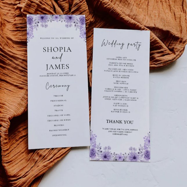 Lila Bröllop Ceremony-programmall (Purple Wedding Ceremony Program Template)