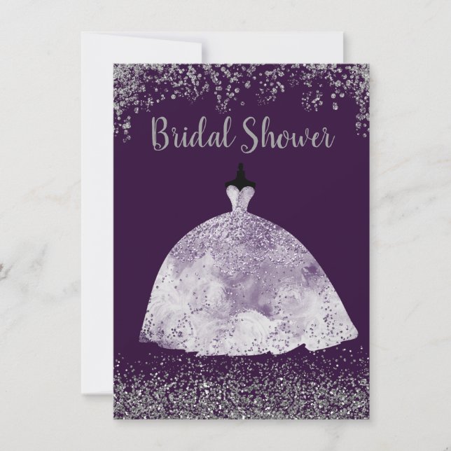 Lila Bröllop Dress Silver Glitter Möhippa Inbjudningar (Framsida)