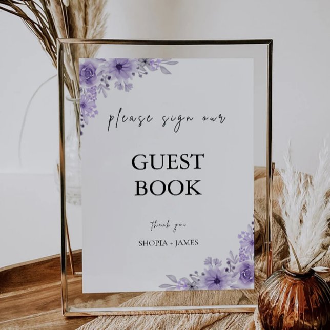 Lila Bröllop Guest Bok-signaturmall Inbjudningar (Purple Wedding Guest Book Sign Template)