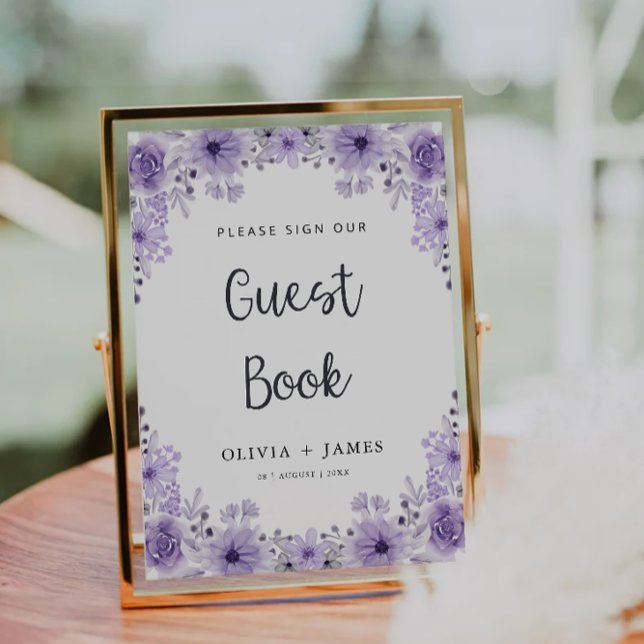 Lila Bröllop Guest Bok-signaturmall Inbjudningar (Purple Wedding Guest Book Sign Template)
