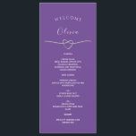 Lila Bröllop Menu med Namn & Silver Heart Meny<br><div class="desc">Lägg till en del modern elegans till din mottagning med den minimalistiska menyn lila bröllop som innehåller ett silver-rep och personlig gäst namn. Ett djärvt men romantiskt påstående, lilans djupa bakgrund parar vackert med elegant silver typografi och en känslig hjärtsymbol som representerar kärlek och anslutning. Perfekt för vår, sommar eller...</div>