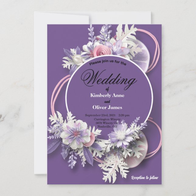 Lila bröllop och blommor vita och rosa  inbjudningar (Framsida)