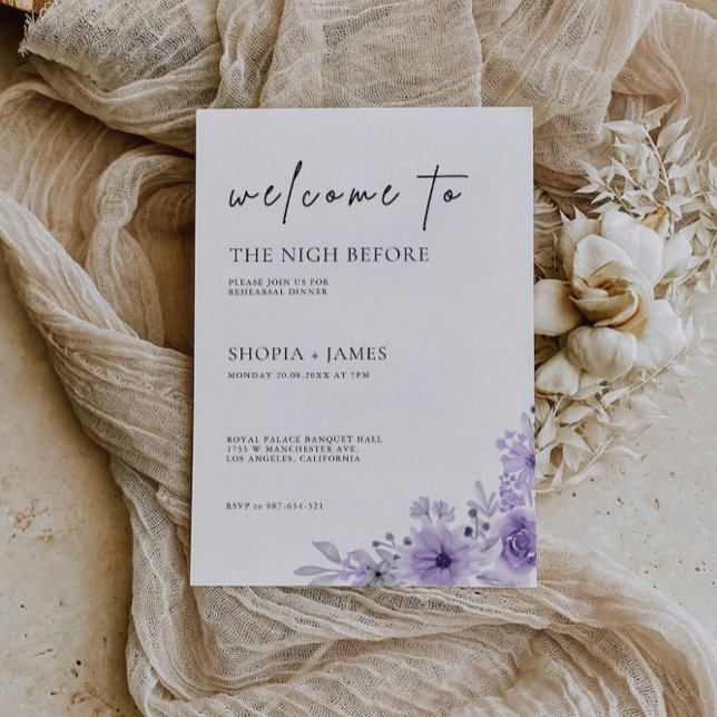 Lila Bröllop Rehearsal Middagsskylt Natt Inbjudningar (Purple Wedding Rehearsal Dinner Sign Night Invitation)