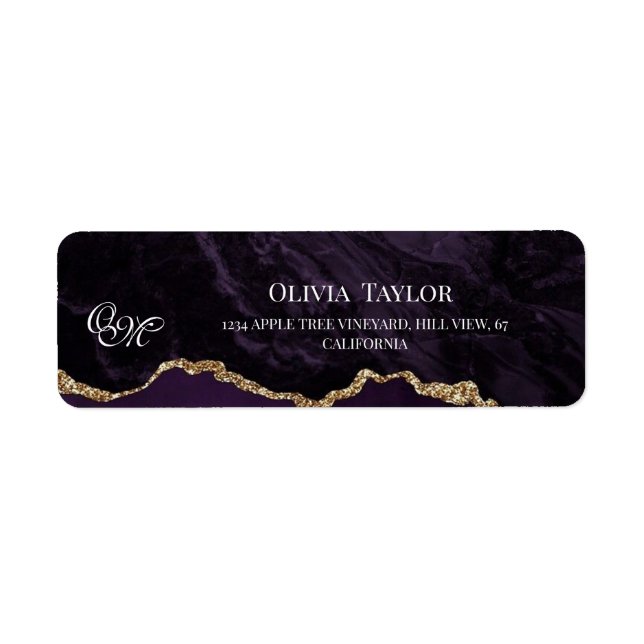 Lila Bröllop Scrip Agate violet och guld Returadress Etikett (Framsidan)