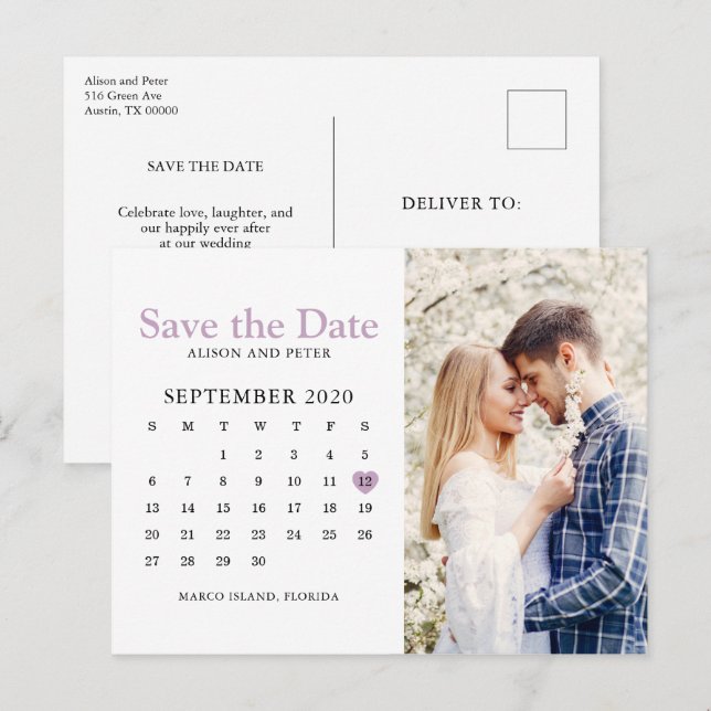 Lila Bröllop Spara datum Kalender Foto Meddelande Vykort (Fram/baksida)