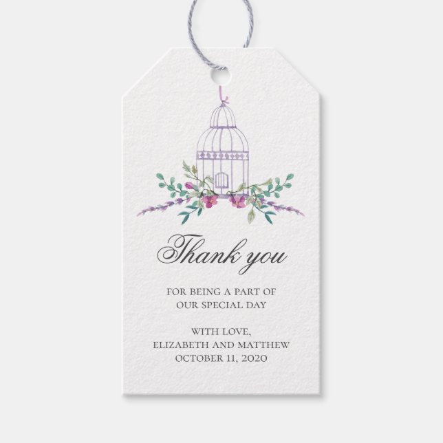 Lila bröllop tackar er. Fåglar och blommor Presentetikett (Framsidan)