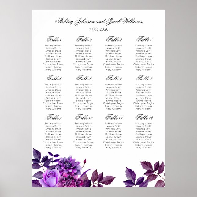 Lila bröllops sittplatskarta tryck. Violetta blomm Poster (Framsidan)