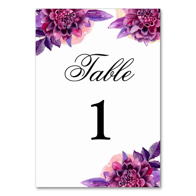 Lila bröllopsbord nummer. Blommor i akvarell Bordsnummer (Framsidan)