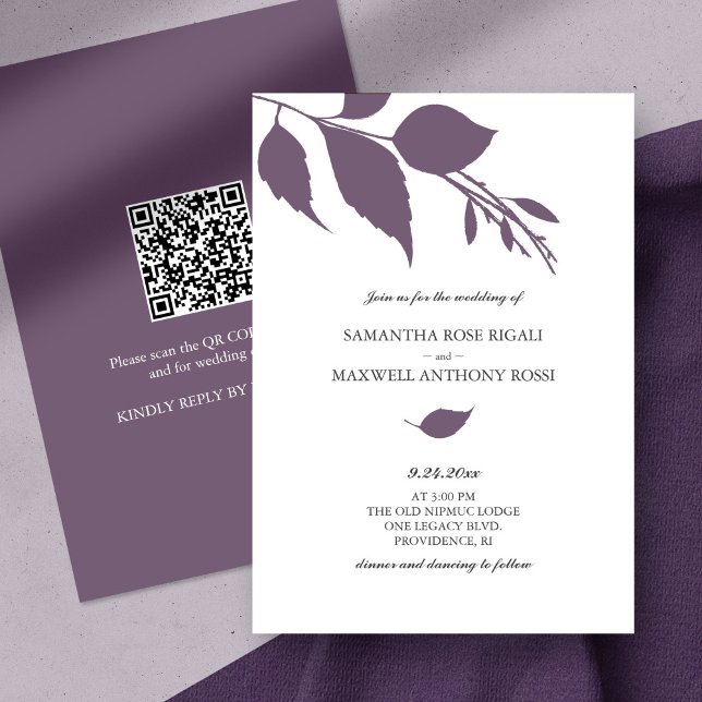 Lila Bröllopsinbjudan med QR-kod Inbjudningar (QR code wedding invitation botanical purple leaves minimalistic)