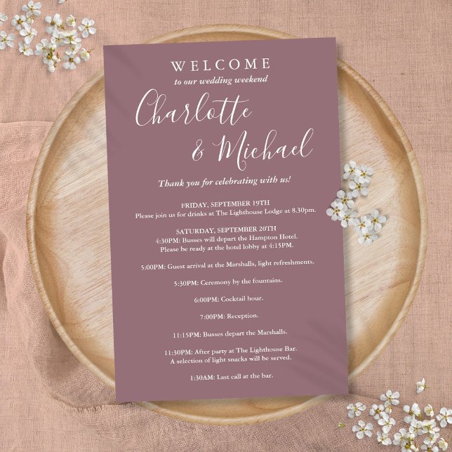 Lila bröllopsprogram för gäster under helgen i skr (Mauve Script Guest Wedding Weekend Program)