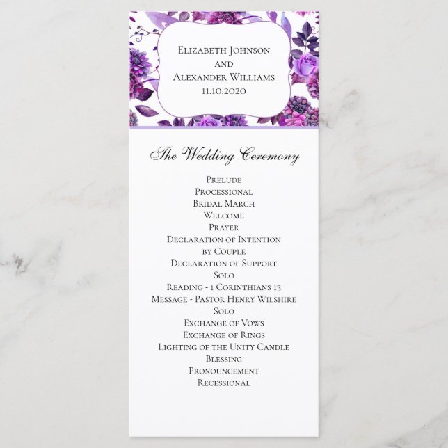 Lila bröllopsprogram. Vattenfärg blommig ceremoni Program (Framsida)