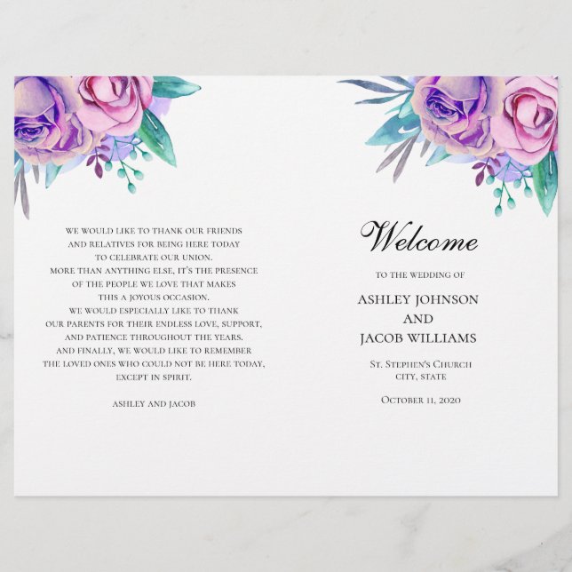 Lila bröllopsprogram vikt. Lilac-blommor (Framsida)