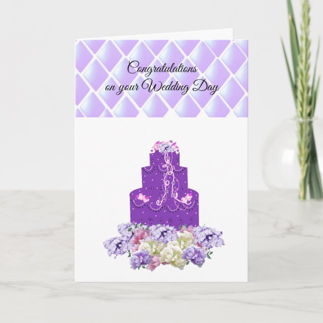 Lila bröllopstårtor floral gratulationskort kort (Framsida)