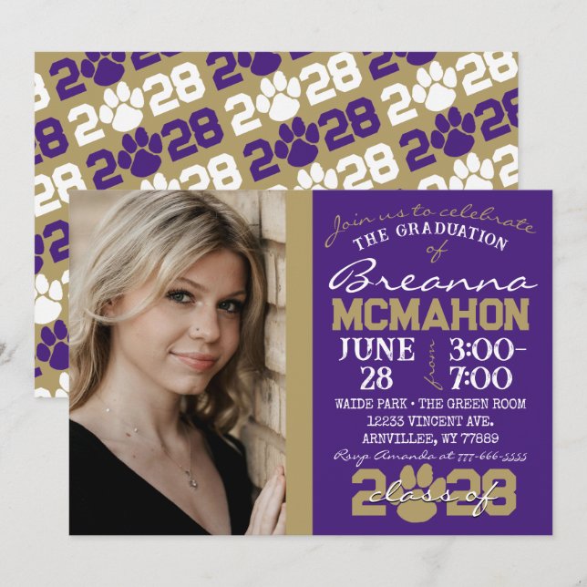 Lila & Bronze Pawprint Studenten Photo Inbjudningar (Fram/baksida)