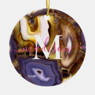 Lila Brown White Agate stone mönster monogram Julgransprydnad Keramik