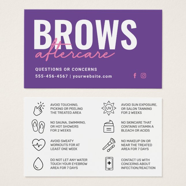 Lila Brows Aftercare PMU Brow Instructions Card Visitkort (Framsida & baksida)