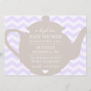 Lila & brun Chevron High Tea Baby Shower Inbjudan