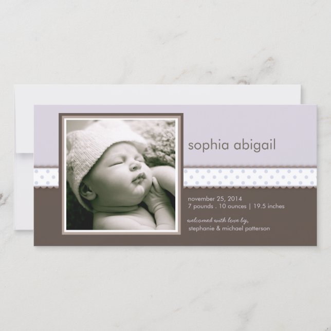 Lila | Brun Sweet Flicka Birth Notice of Meddelande (Framsida)