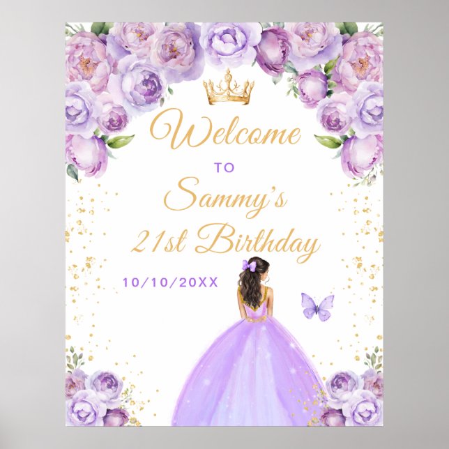 Lila Brunette Hair Princess Birthday Välkommen Poster (Framsidan)