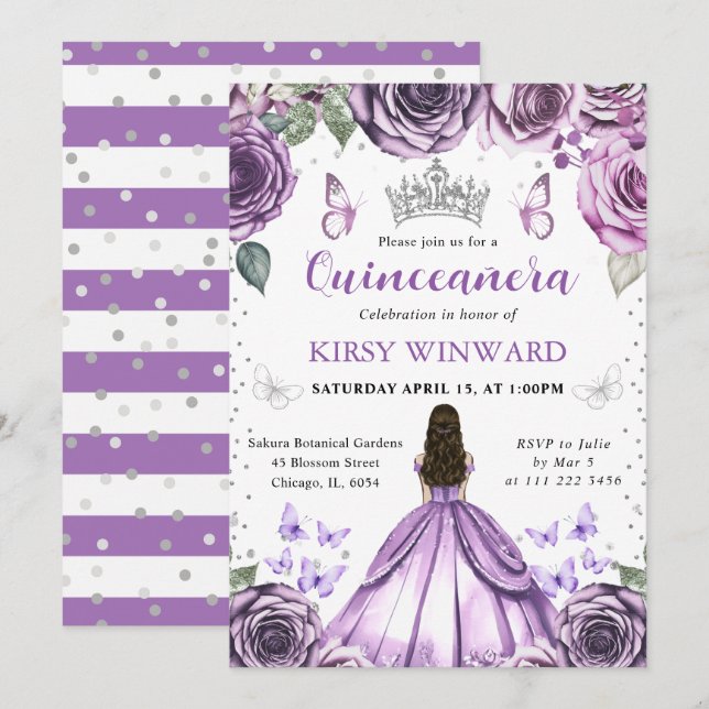 Lila Brunette Hair Princess Quinceanera in Inbjudningar (Fram/baksida)