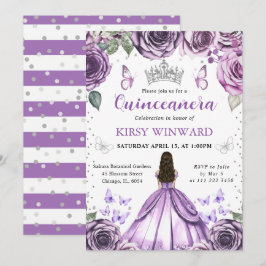 Lila Brunette Hair Princess Quinceanera in Inbjudningar