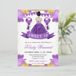 Lila Brunette Hair Princess Sweet 16 Inbjudningar