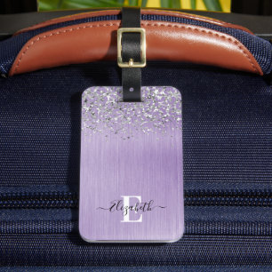 Lila Brushed Metall Glitter Monogram-skript Bagagebricka