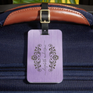 Lila Brushed Metall Monogram Namn skript Bagagebricka