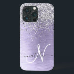 Lila Brushed Metall Silver Glitter Monogram Namn<br><div class="desc">Anpassa enkelt den här chicen av trendig-höljet med söt silver mousserande glitter på lila med borstad metallbakgrund.</div>