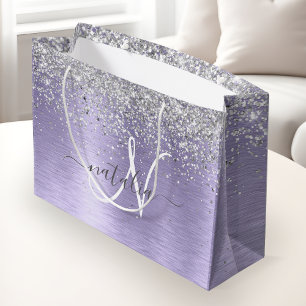 Lila Brushed Metall Silver Glitter Monogram Namn