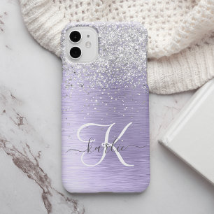 Lila Brushed Metall Silver Glitter Monogram Namn