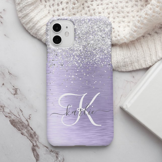 Lila Brushed Metall Silver Glitter Monogram Namn (Skapare uppladdad)
