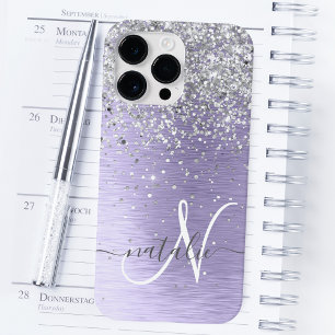 Lila Brushed Metall Silver Glitter Monogram Namn