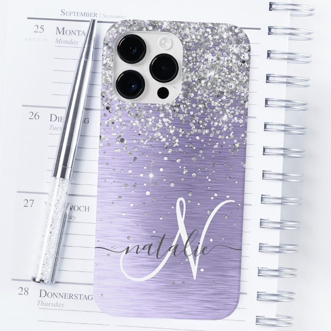 Lila Brushed Metall Silver Glitter Monogram Namn (Skapare uppladdad)