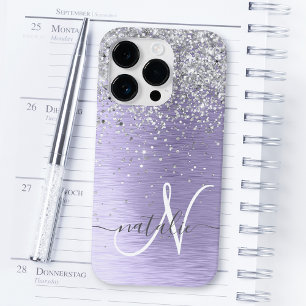 Lila Brushed Metall Silver Glitter Monogram Namn