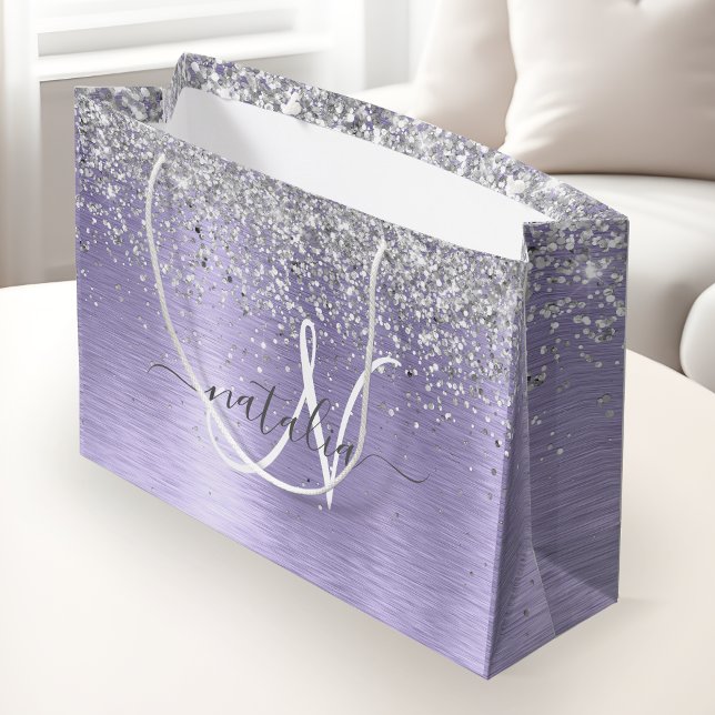 Lila Brushed Metall Silver Glitter Monogram Namn (Skapare uppladdad)