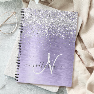 Lila Brushed Metall Silver Glitter Monogram Namn Anteckningsbok