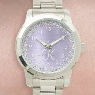 Lila Brushed Metall Silver Glitter Monogram Namn Armbandsur