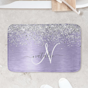 Lila Brushed Metall Silver Glitter Monogram Namn Badrumsmatta