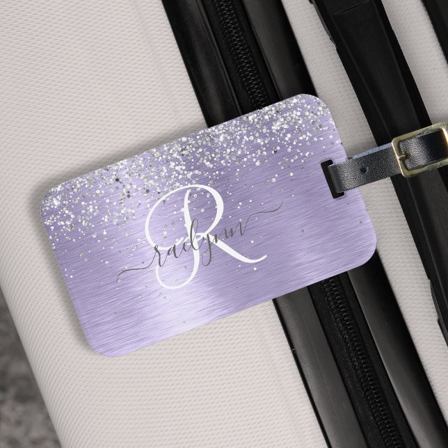 Lila Brushed Metall Silver Glitter Monogram Namn Bagagebricka (Skapare uppladdad)