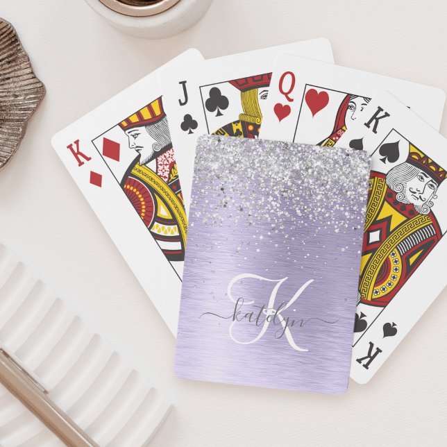 Lila Brushed Metall Silver Glitter Monogram Namn Casinokort (Skapare uppladdad)