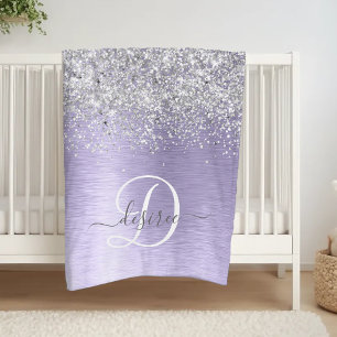 Lila Brushed Metall Silver Glitter Monogram Namn Fleecefilt