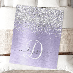 Lila Brushed Metall Silver Glitter Monogram Namn Fleecefilt