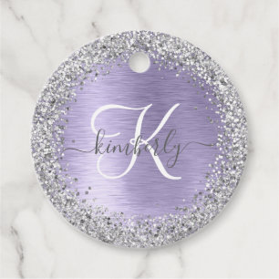 Lila Brushed Metall Silver Glitter Monogram Namn Gåvor Etiketter