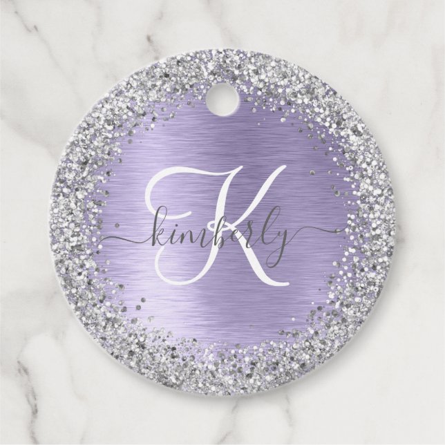 Lila Brushed Metall Silver Glitter Monogram Namn Gåvor Etiketter (Framsida)