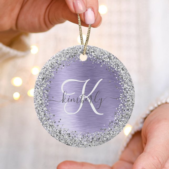 Lila Brushed Metall Silver Glitter Monogram Namn Julgransprydnad Keramik (Skapare uppladdad)
