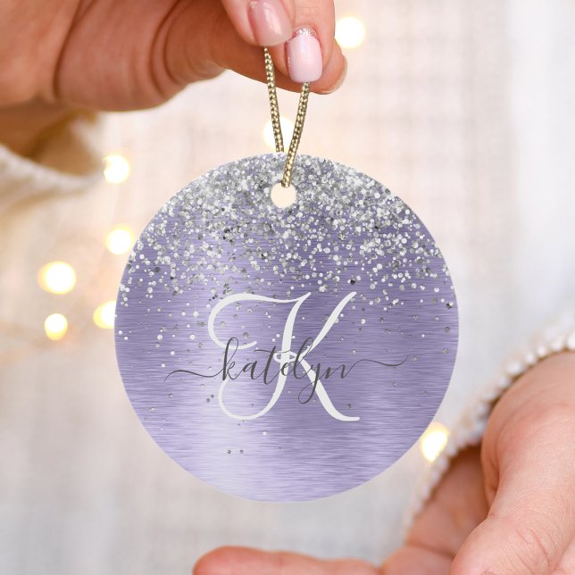 Lila Brushed Metall Silver Glitter Monogram Namn Julgransprydnad Keramik (Skapare uppladdad)