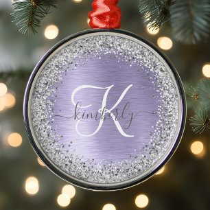 Lila Brushed Metall Silver Glitter Monogram Namn Julgransprydnad Metall