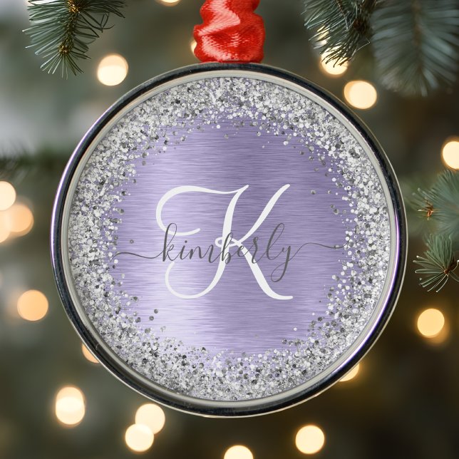 Lila Brushed Metall Silver Glitter Monogram Namn Julgransprydnad Metall (Skapare uppladdad)